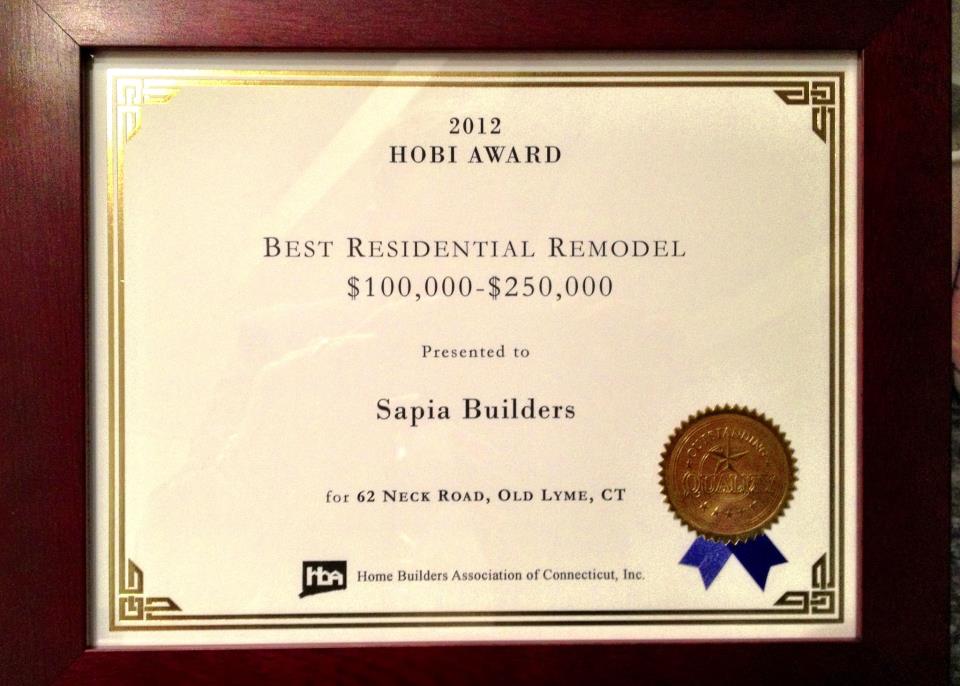 Sapia Builders Wins 2012 Home Builders Industry Award in CT